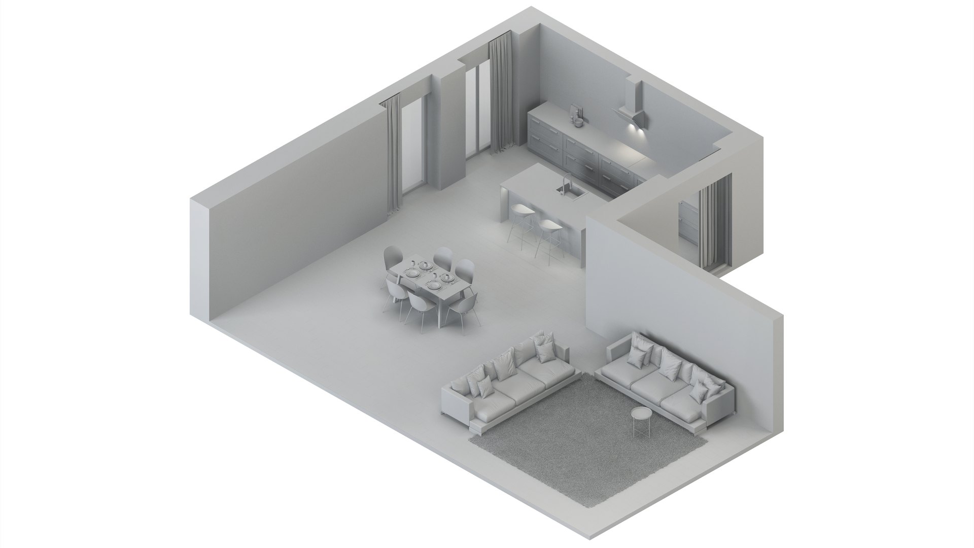 Estudo volumétrico inicial do apartamento, sem cor ou material