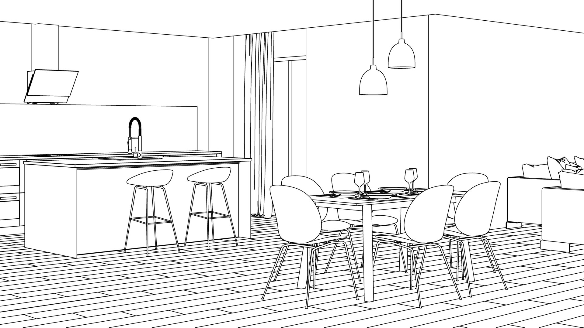 Esboço conceitual em linha da sala de jantar