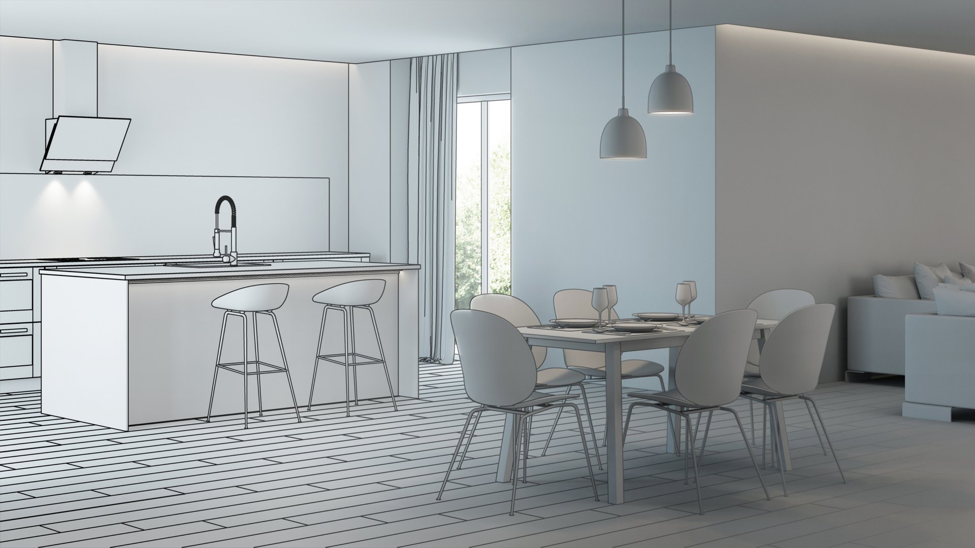 Transição do esboço para a renderização, com volumetria e luz
