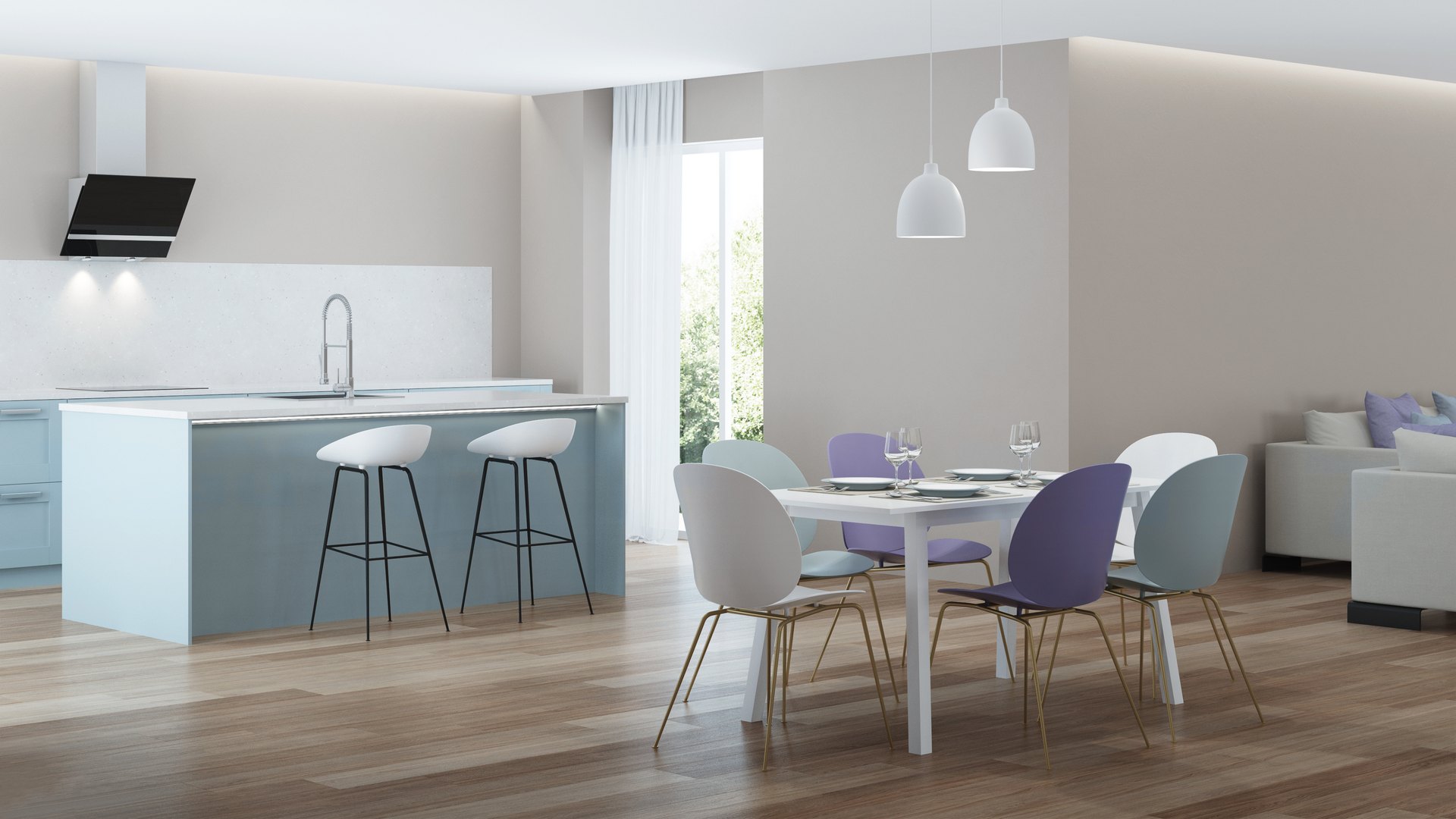 Renderização colorida da cozinha integrada